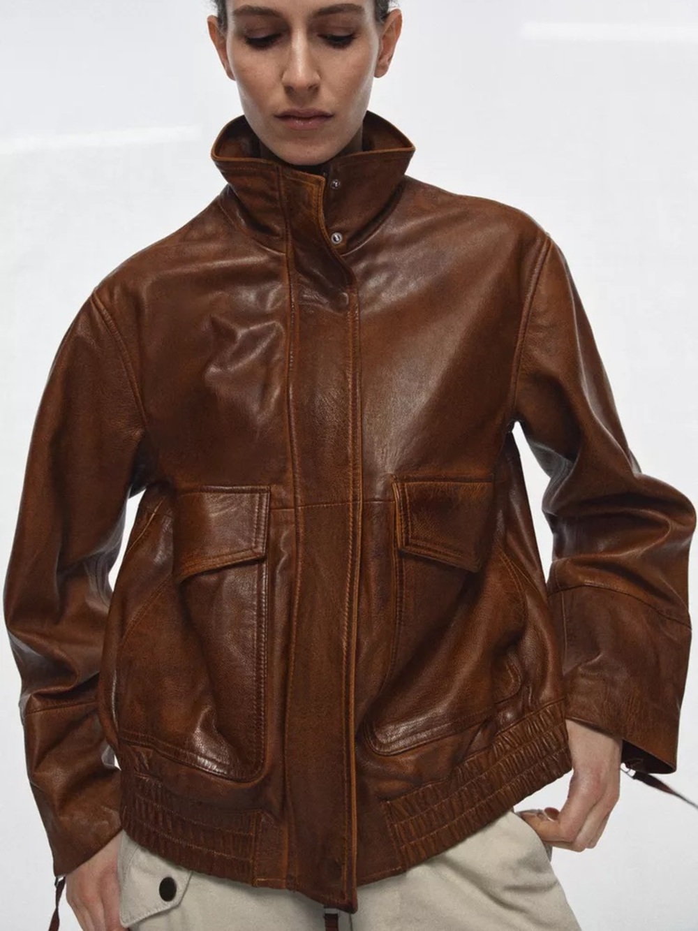 NWT 100% Leather Bomber Jacket ZW Collection Limited Edition Brown MSRP $419 - Picture 1 of 11
